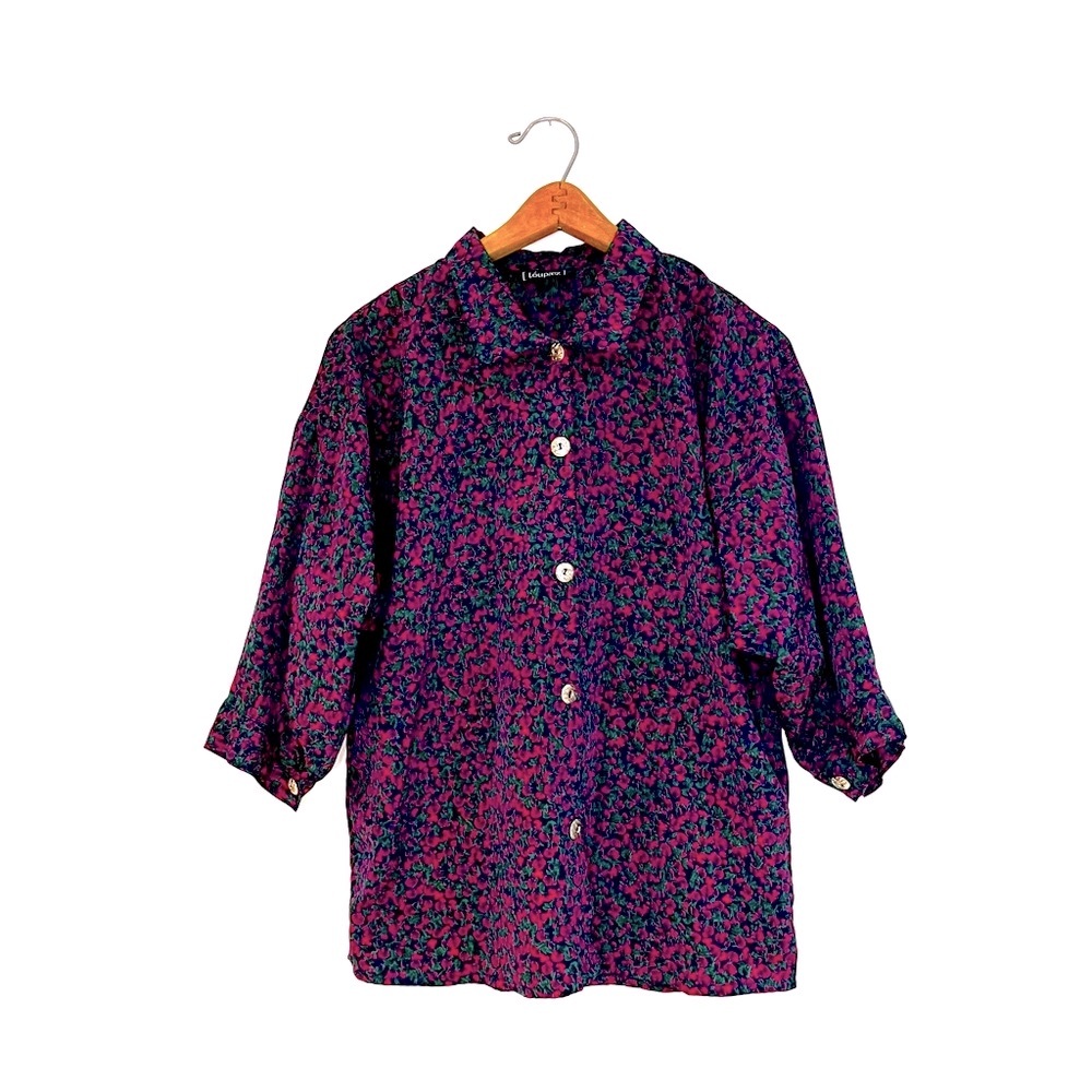 Vintage Toupaez Abstract Floral Button Up Blouse Shirt Fuchsia Pink Green M/L